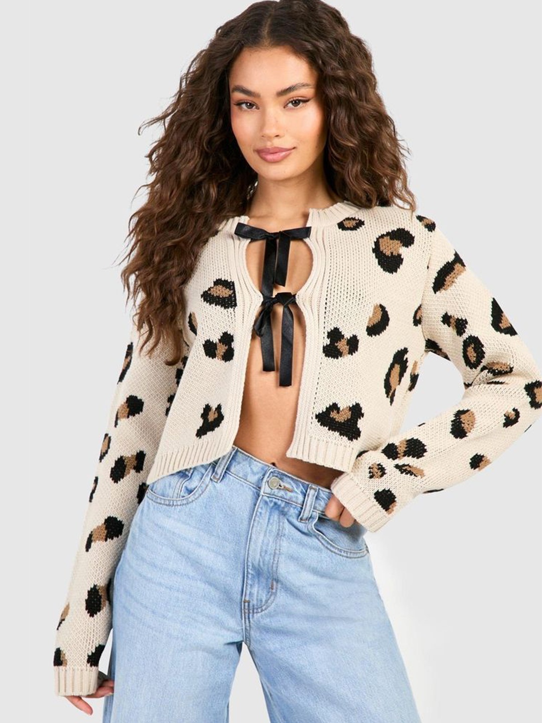 

LULU & SKY Women Animal Printed Front-Open Crop Cardigan, Beige