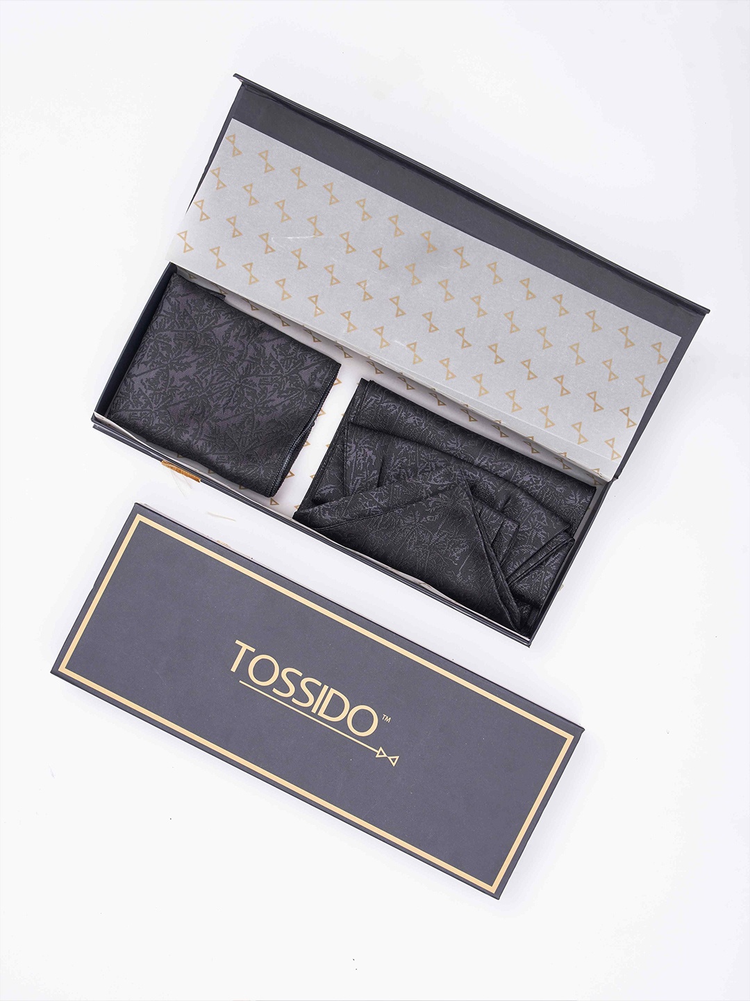 

Tossido Men Woven Design Ascot & Pocket Square Accessory Gift, Black