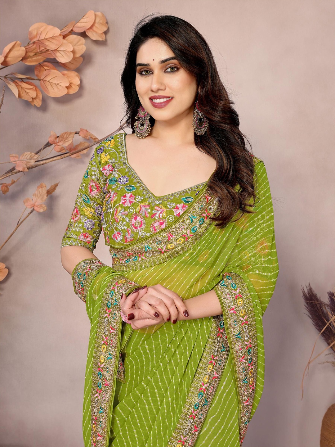 

HERE&NOW Embroidered Leheriya Saree, Olive