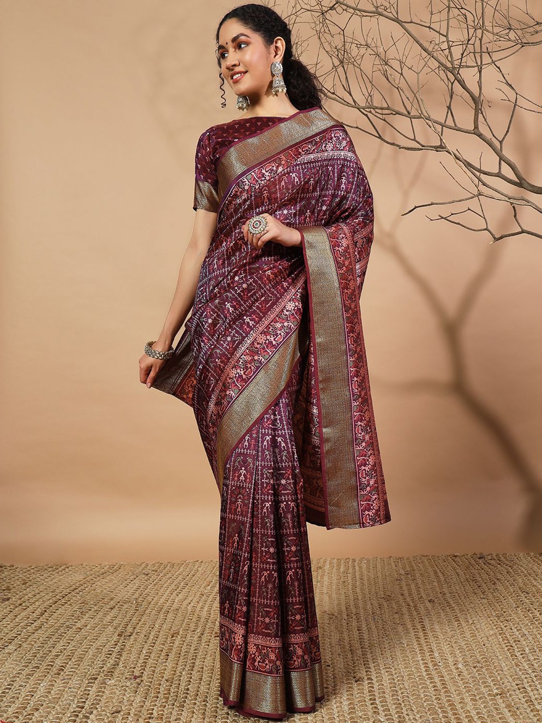 

RACHNA Warli Printed Pure Silk Ready to Wear Patola Saree, Purple