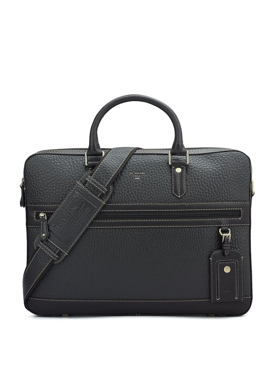 

Da Milano Men Textured Leather Laptop Bag, Black