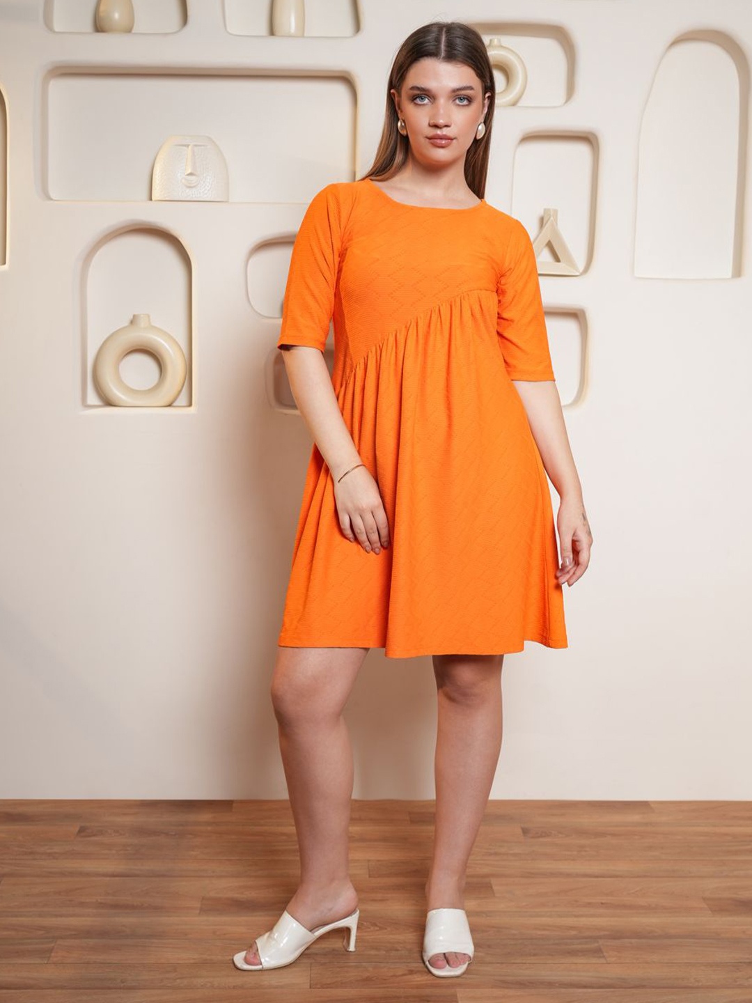 

PURVAJA Pleated Fit & Flare Dress, Orange