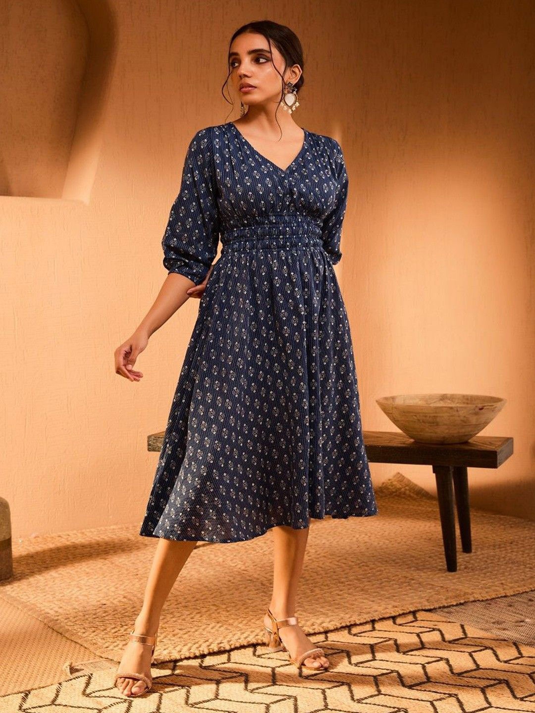 

Femvy Women Floral Printed V-Neck Fit & Flare Midi Dress, Navy blue