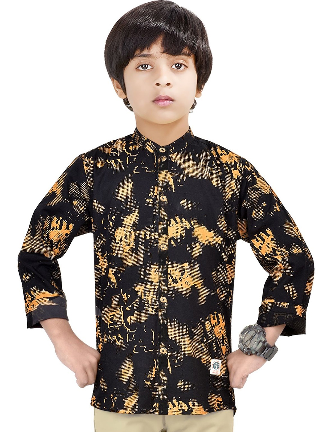 

MADE IN THE SHADE Boys Band Collar Abstract Printed Cotton Casual Shirt, Black