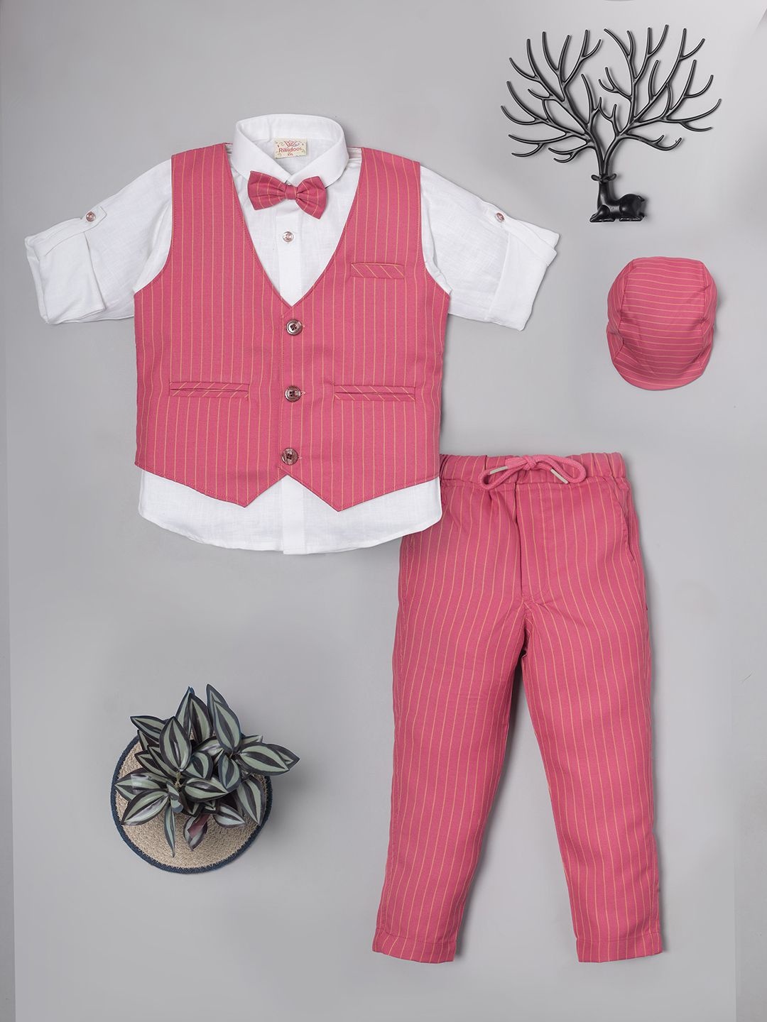 

Ridokidz Boys Striped Single-Breasted 5 Piece Suits, Pink