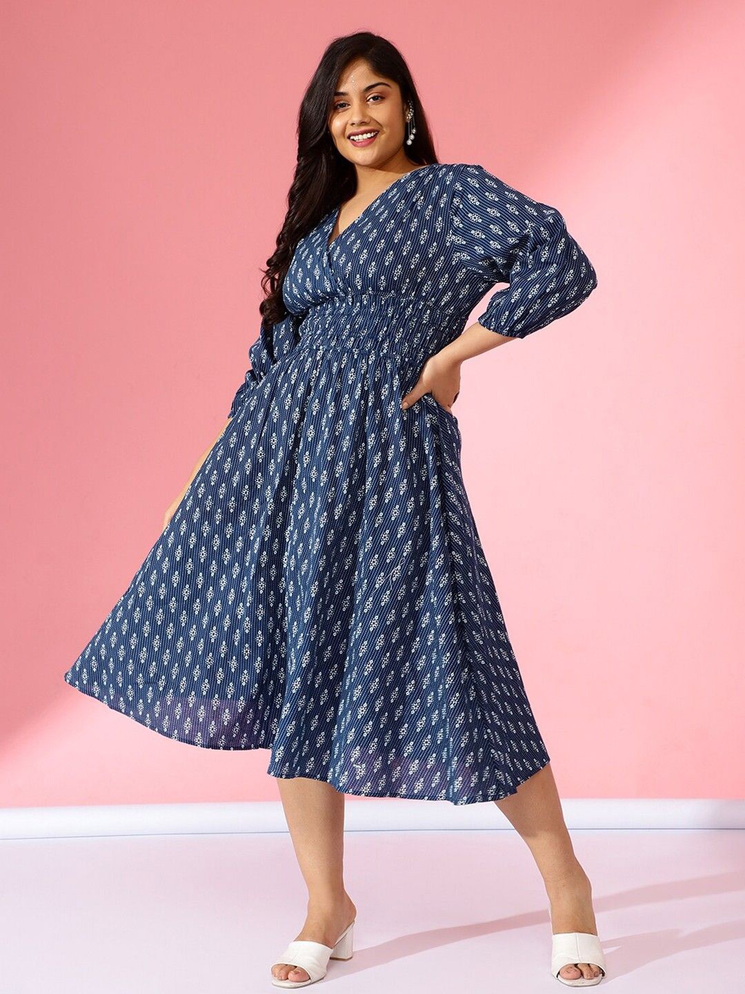 

Raiyani Enterprise Women Floral Printed Fit & Flare Midi Dress, Navy blue