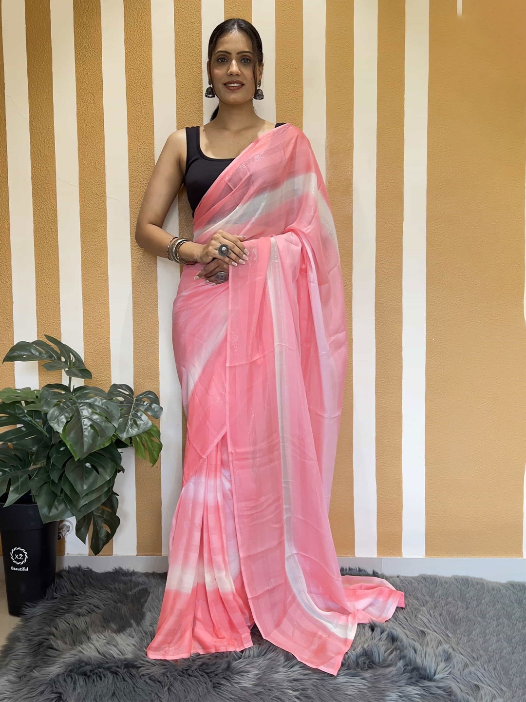 

DIVASTRI Striped Ready to Wear Saree, Pink
