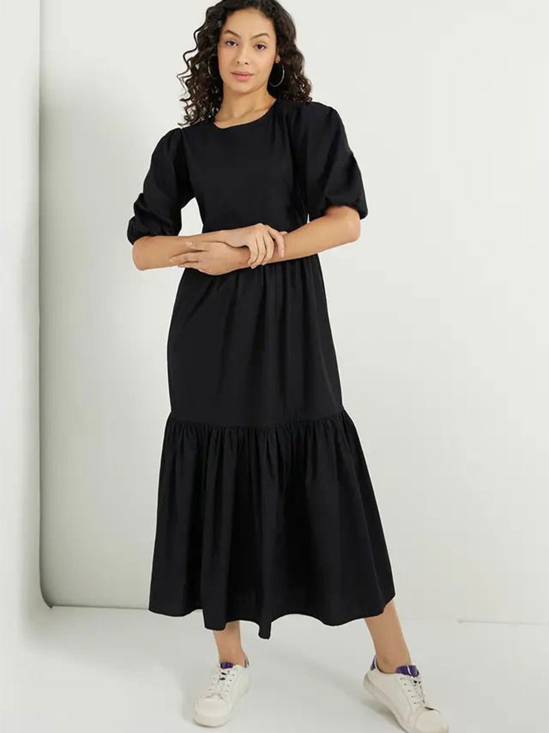 

Raiyani Enterprise Women Crepe Tiered Fit & Flare Midi Dress, Black