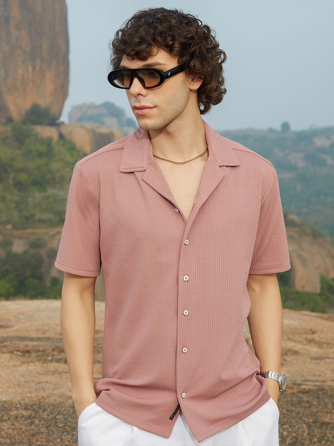 

Campus Sutra Men Comfort Fit Cuban Collar Textured Casual Shirt, Peach