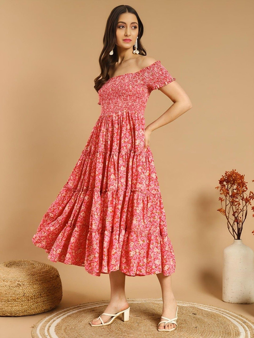 

Femvy Floral Print Off-Shoulder Applique Crepe Fit & Flare Maxi Dress, Peach