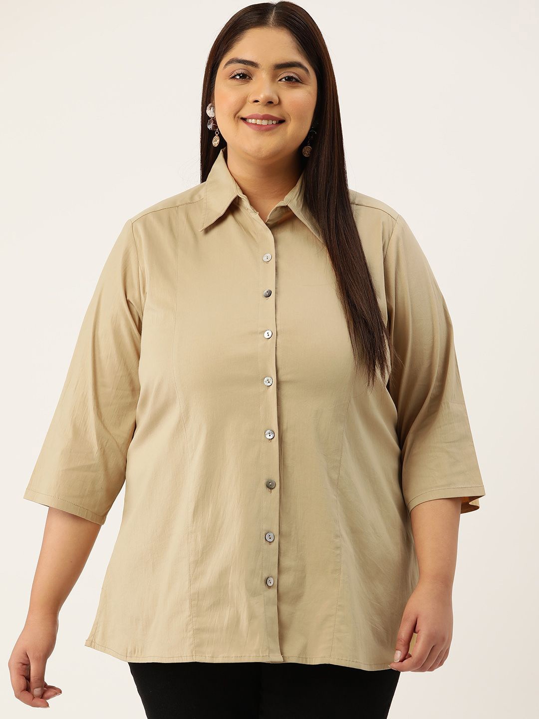 

theRebelinme Women Plus Size Oversized Fit Spread Collar Solid Cotton Casual Shirt, Beige