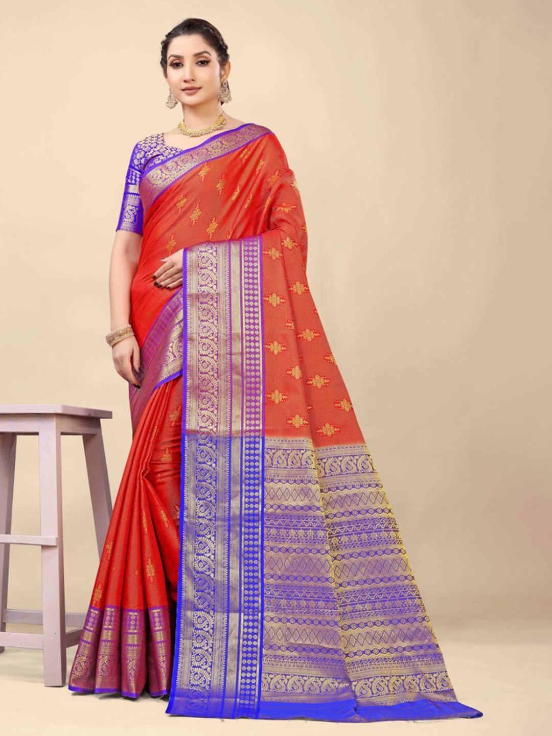 

ZIBLON Woven Design Zari Pure Silk Kanjeevaram Saree, Orange