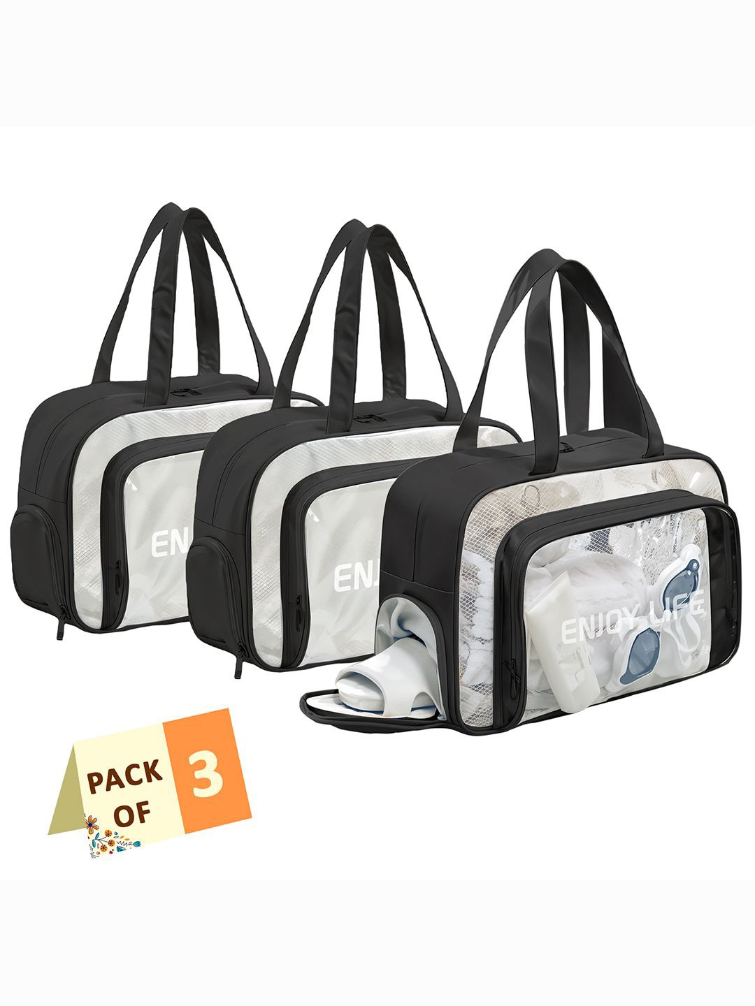 

Kuber Industries Set Of 3 Black Makeup Organizer Pouch With Zip & Handle