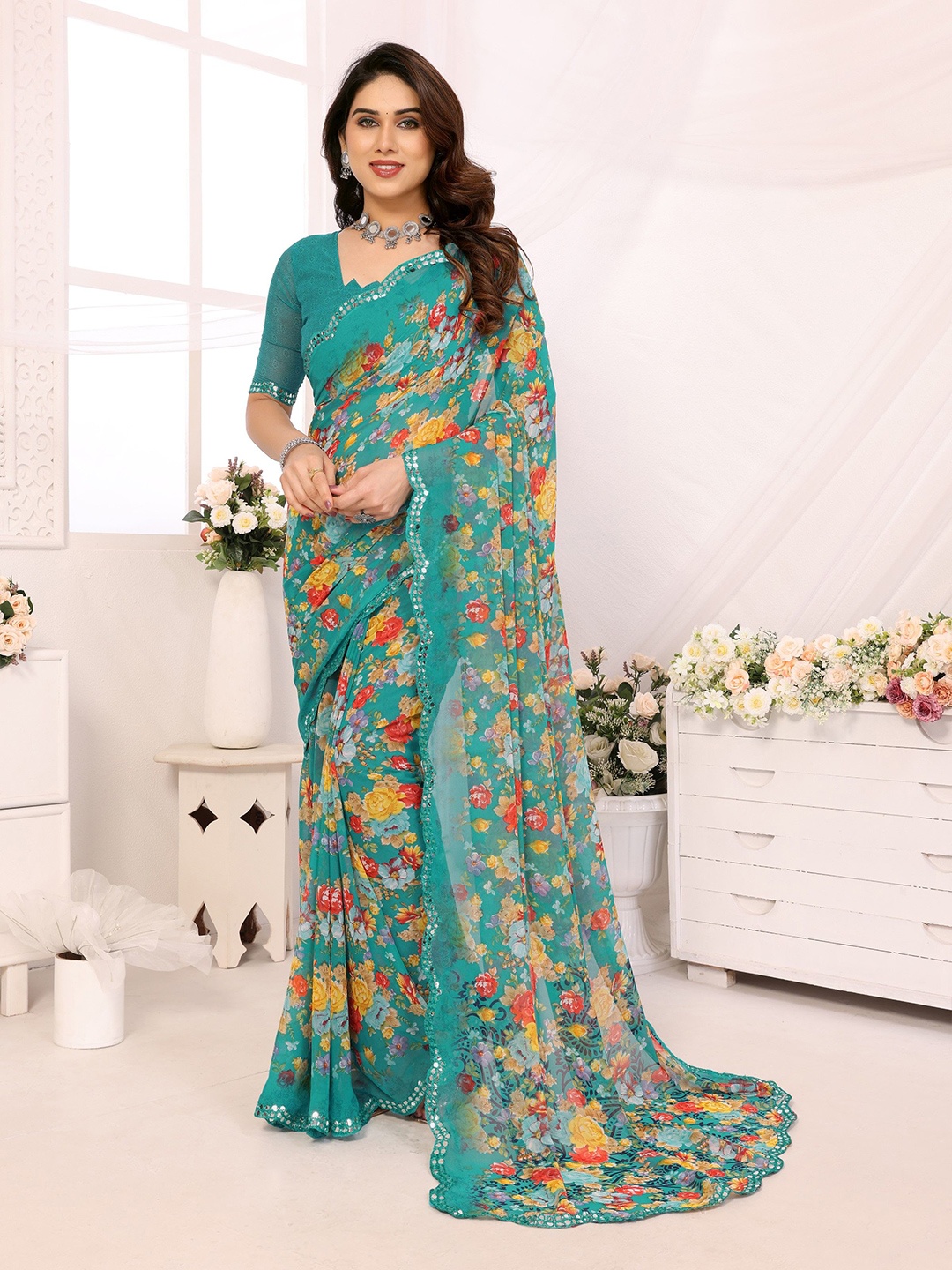 

The Textile Hub Floral Mirror Work Pure Georgette Designer Saree, Teal