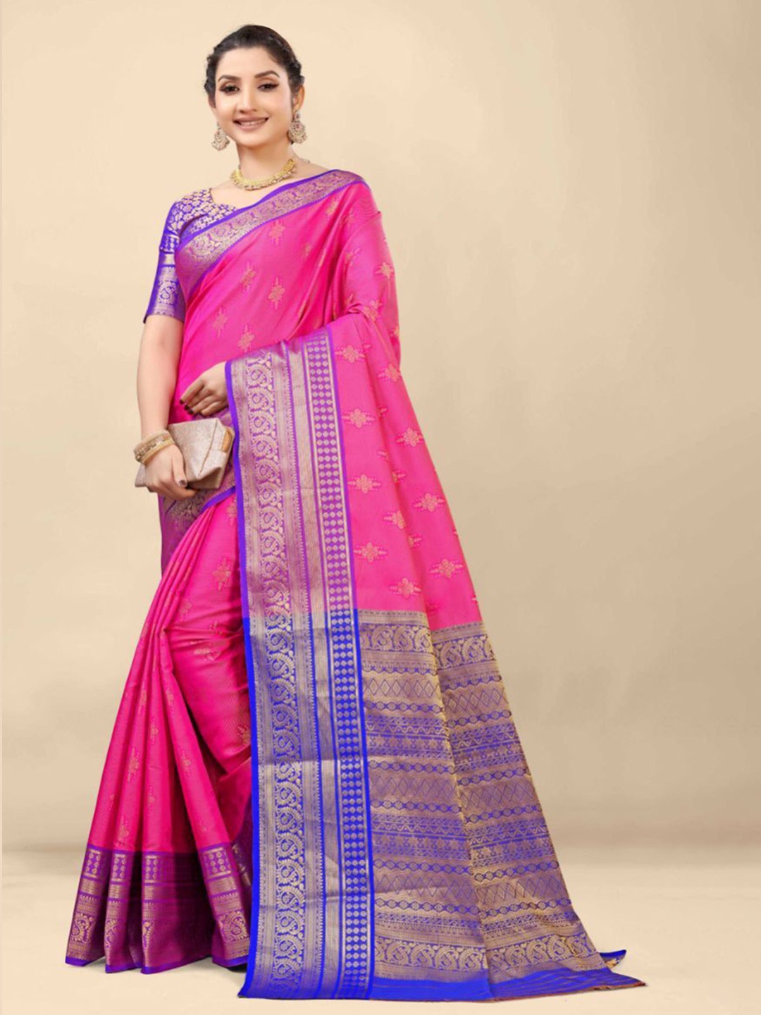 

ZIBLON Woven Design Zari Pure Silk Kanjeevaram Saree, Pink