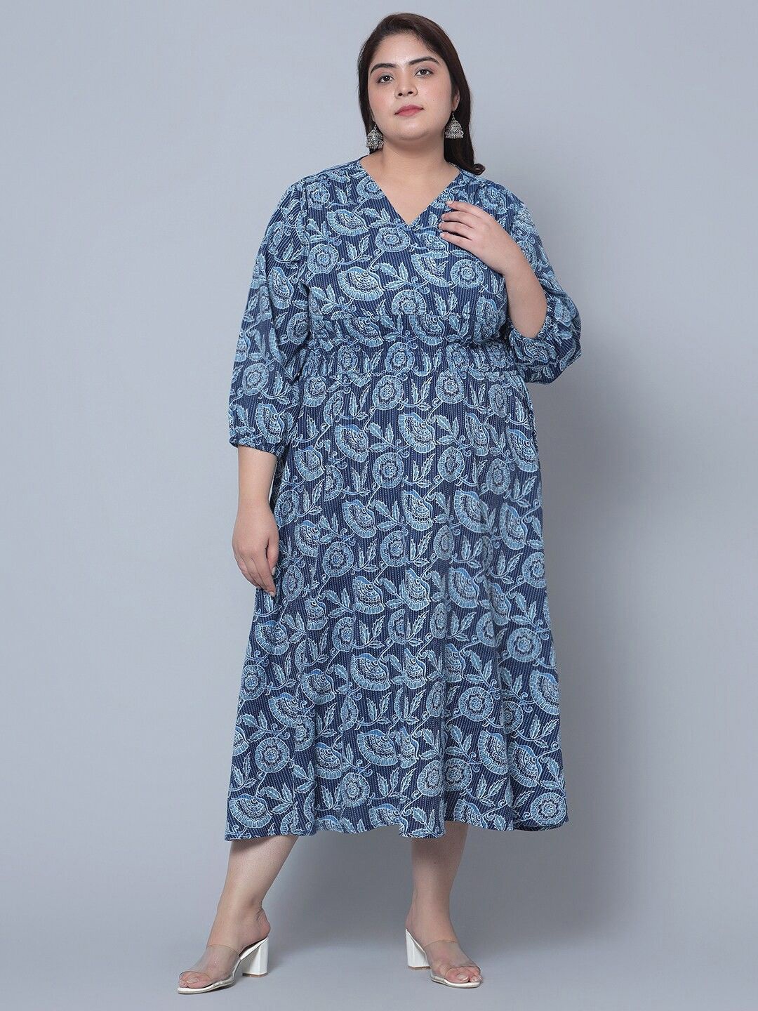 

Raiyani Enterprise Women Floral Printed Wrap Midi Dress, Blue