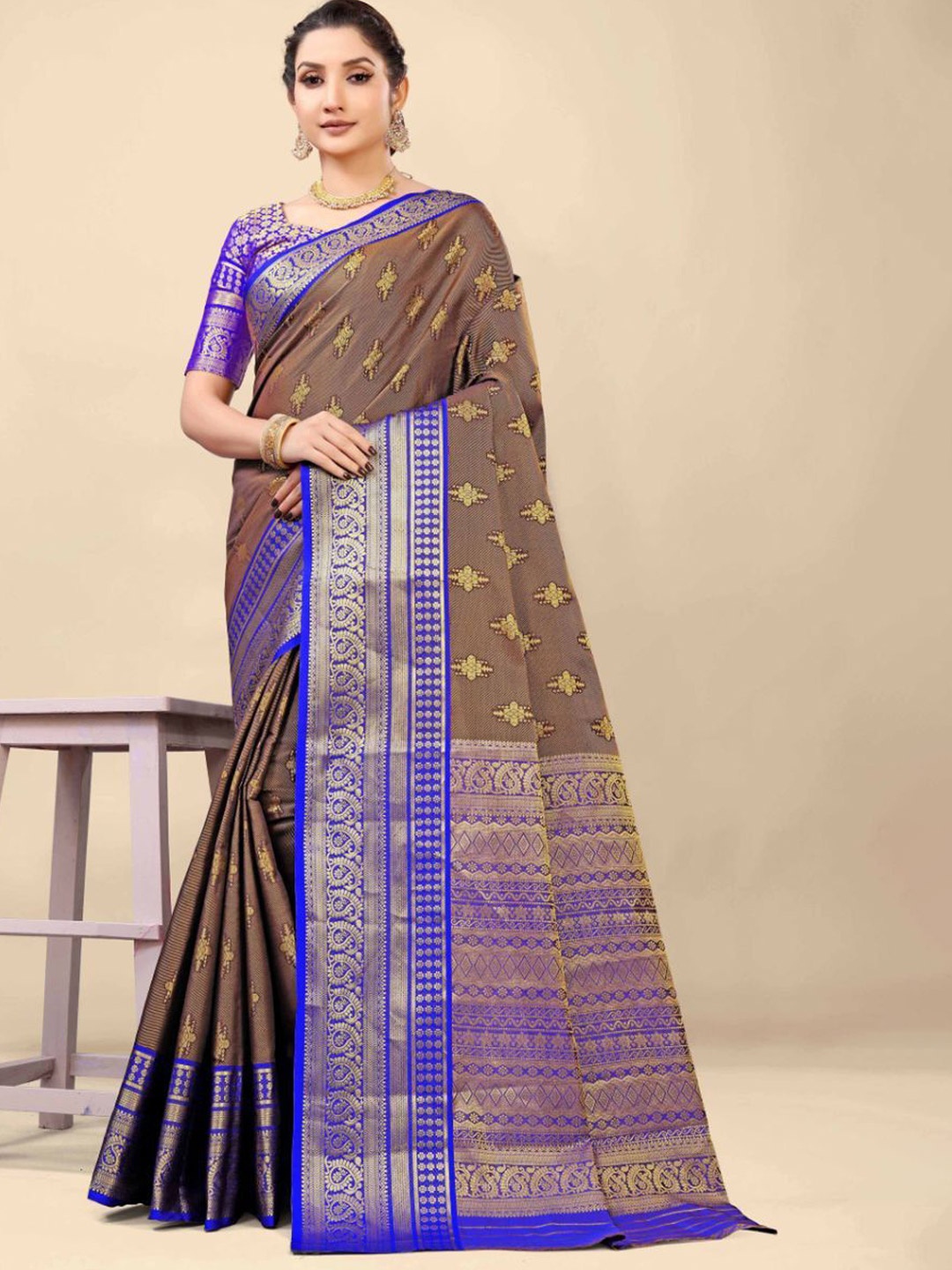 

ZIBLON Woven Design Zari Pure Silk Kanjeevaram Saree, Blue