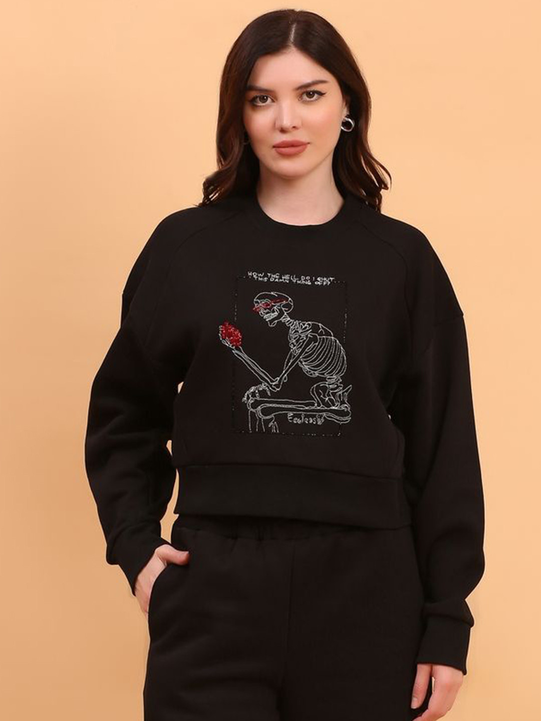 

ECO LEAS BY SHIPRA Women Printed Pullover Sweatshirt, Black