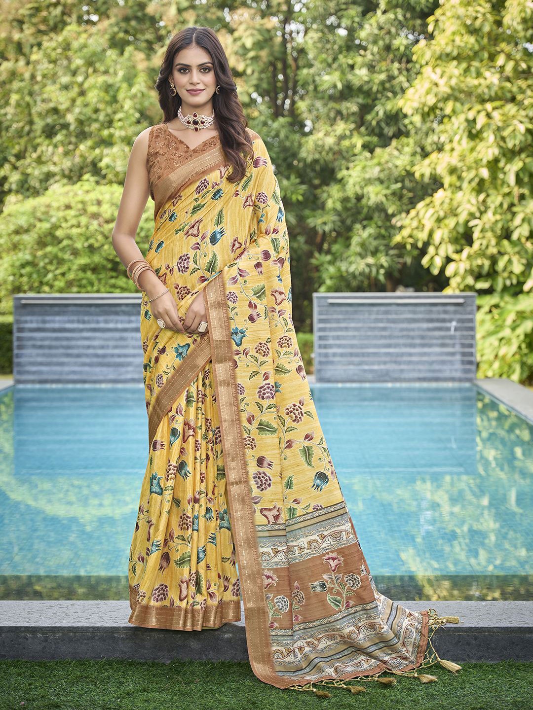 

Mitera Floral Printed Aari Work Pure Silk Saree, Yellow