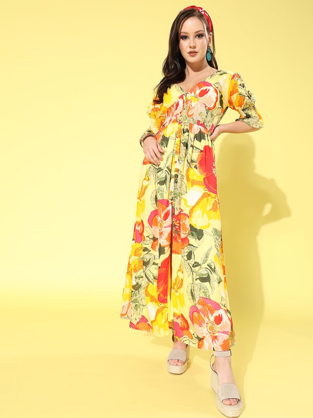 

BAESD Women Floral Printed Maxi Dress, Yellow