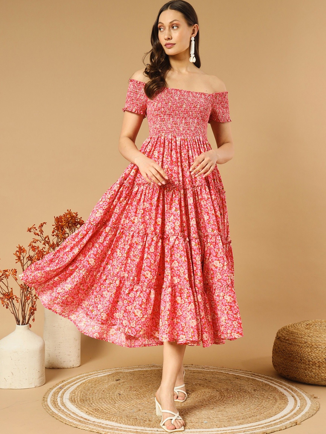 

Raiyani Enterprise Floral Printed Crepe Tiered Fit & Flare Midi Dress, Red