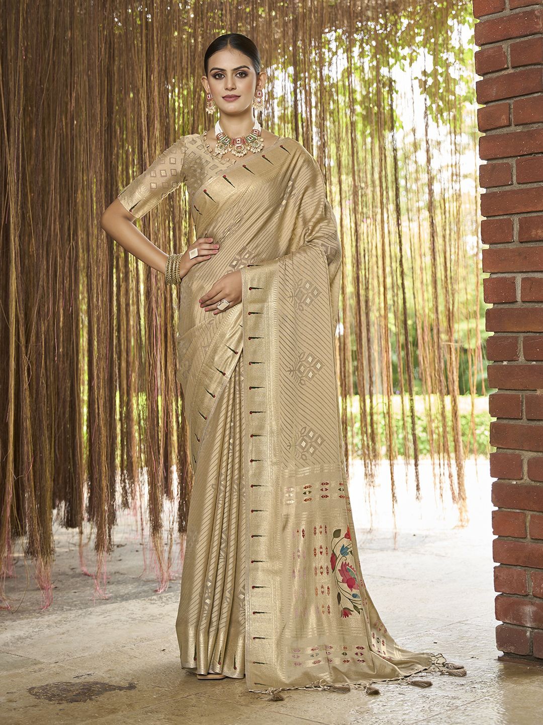 

Mitera Ethnic Motifs Brasso Saree With Tassels, Gold