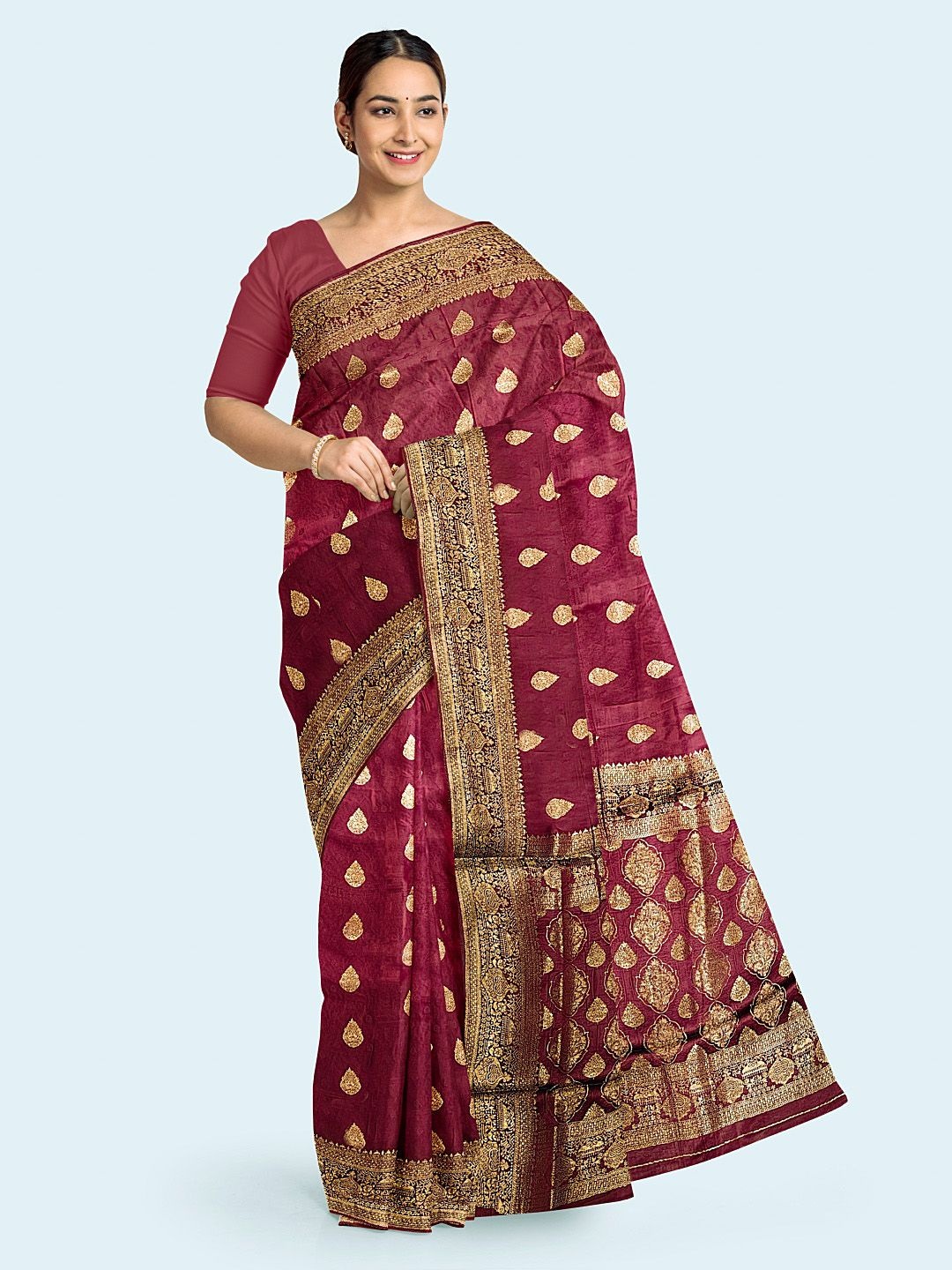 

Meena Bazaar Woven Design Zari Satin Saree, Burgundy