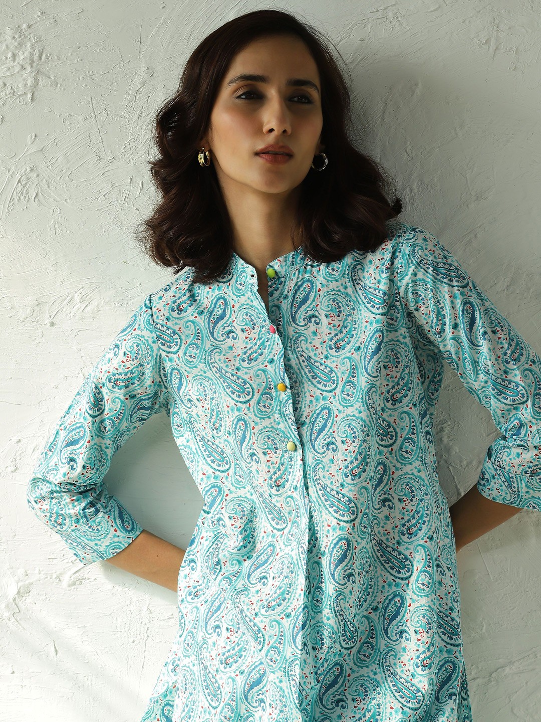 

Canoopi Morning sky Paisley Printed Mandarin Collar Pure Cotton Kurta With Palazzo, Blue