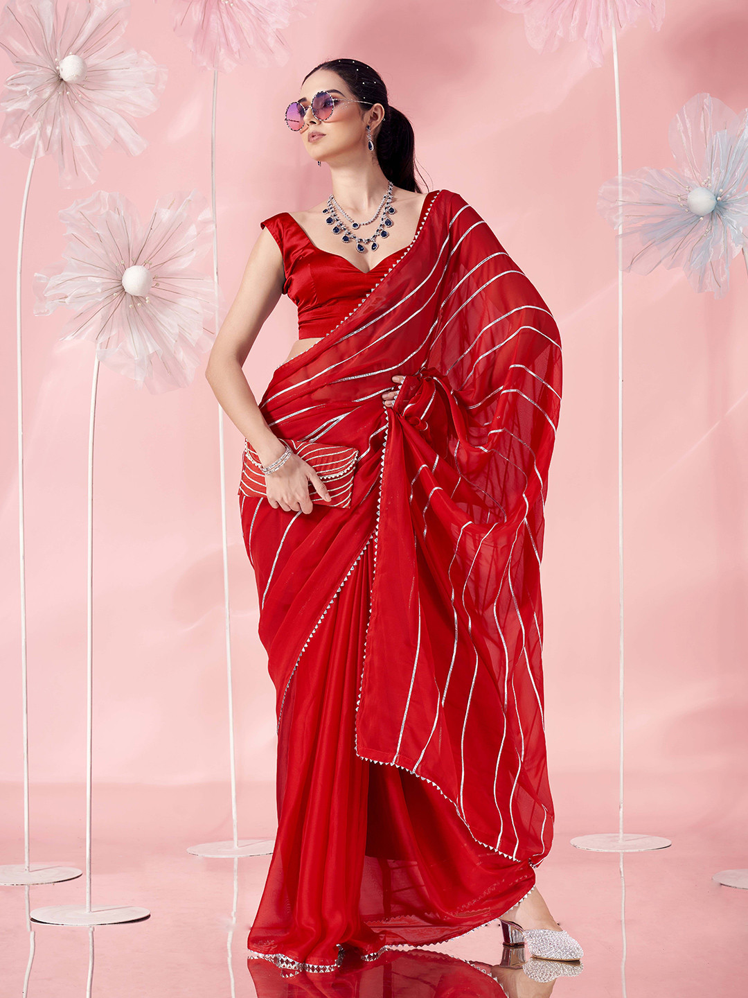 

Tikhi Imli Striped Saree, Red
