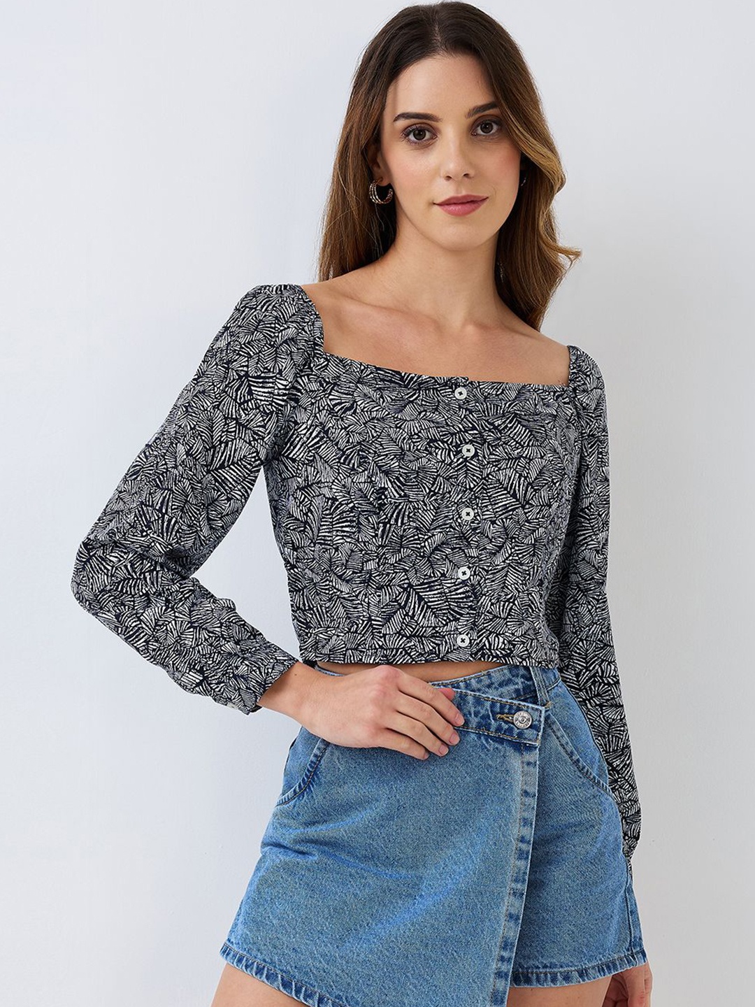 

HERE&NOW Women Floral Print Crop Top, Navy blue