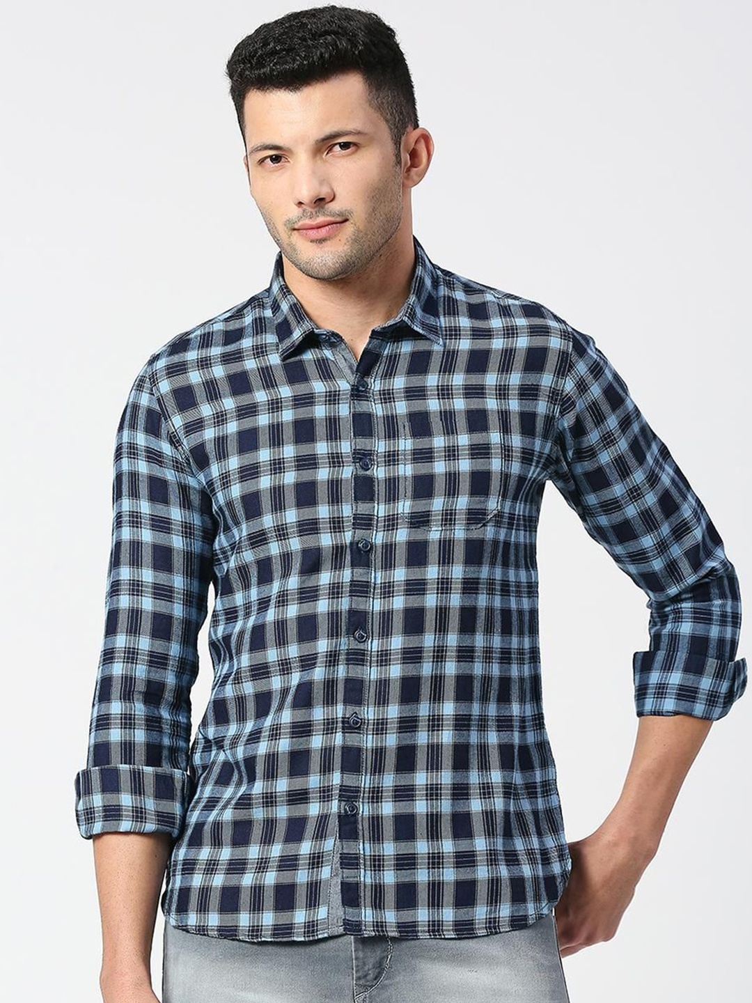 

SNX Men Spread Collar Tartan Checked Cotton Casual Shirt, Navy blue