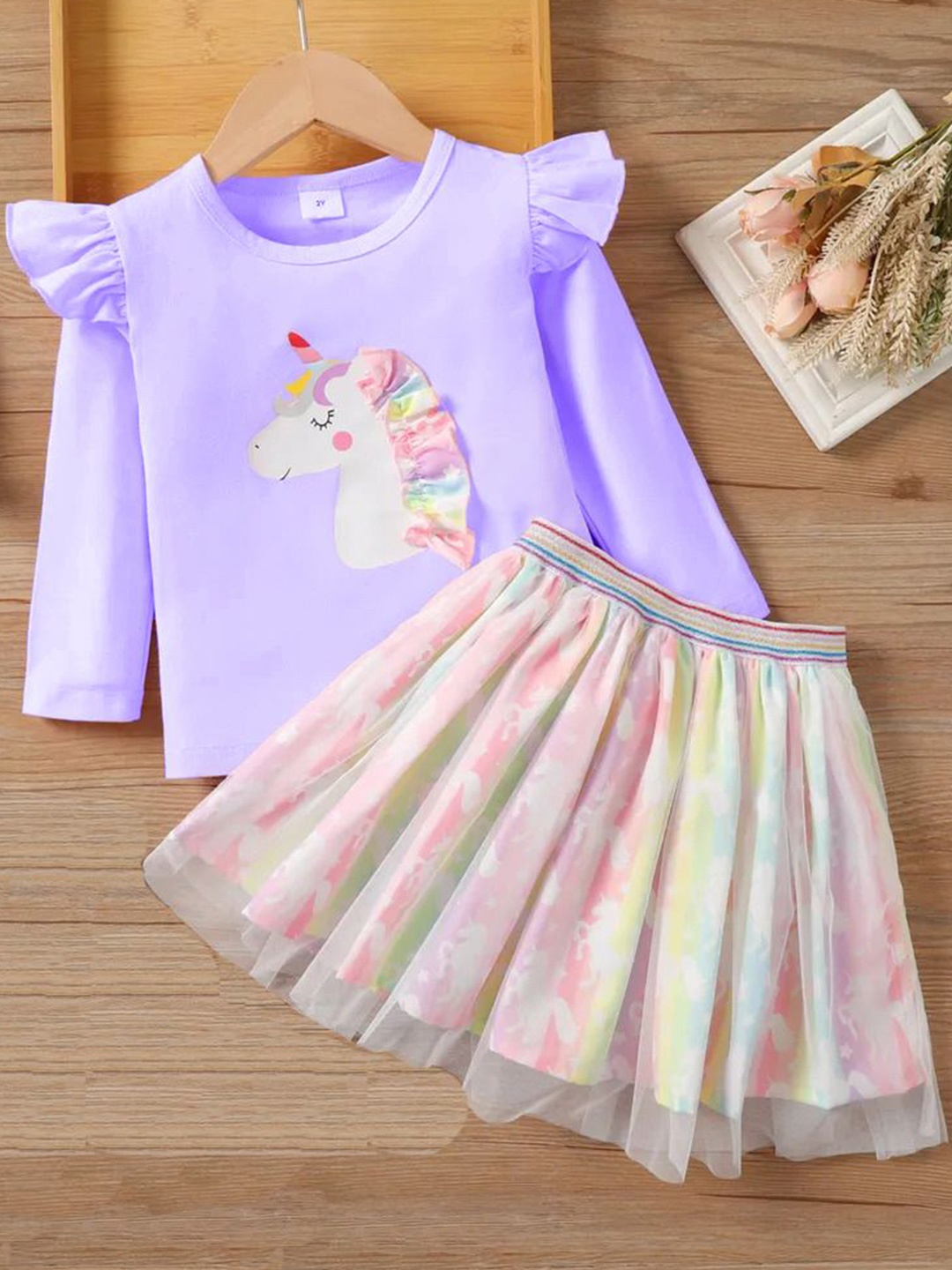 

Hikuj Girls Printed Round Neck T-Shirt With Skirt, Purple