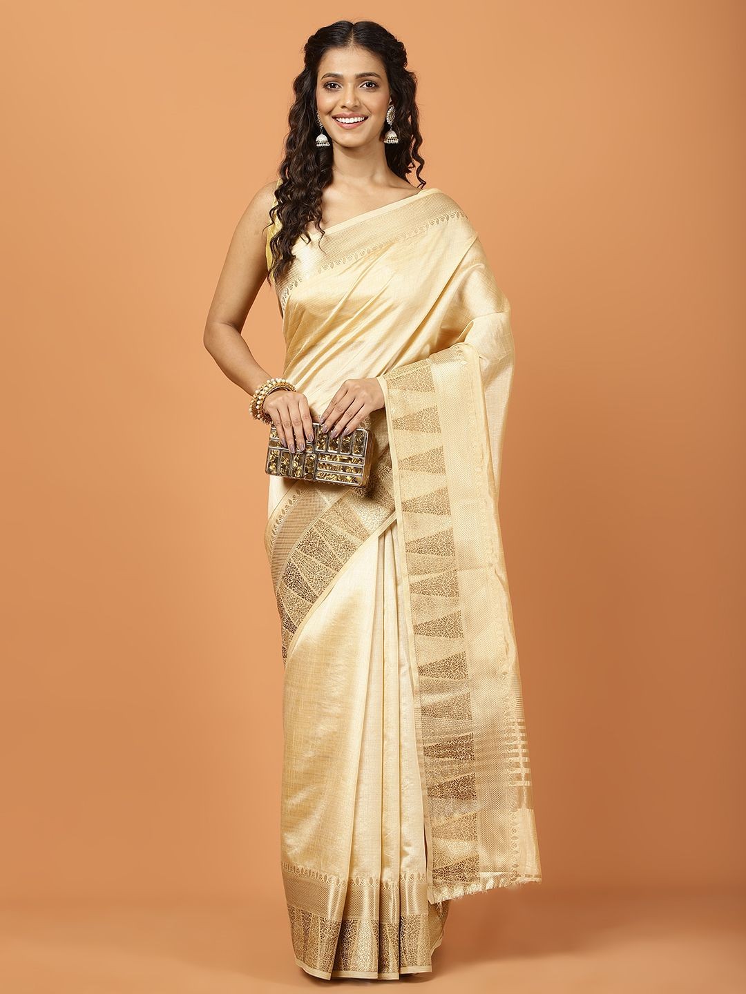 

Meena Bazaar Women Woven Design Saree, Beige