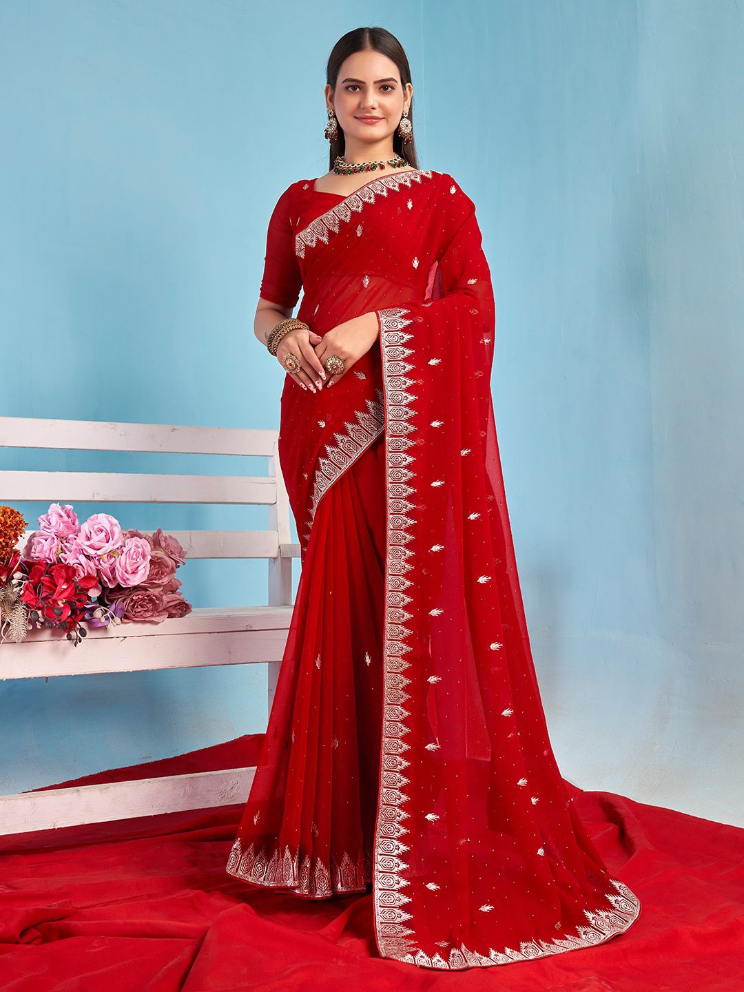 

Panzora Embellished Embroidered Saree With Unstitched Blouse Piece, Red