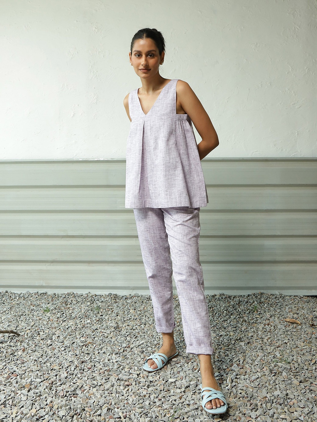 

Canoopi Lilac Bliss V-Neck Pure Cotton Tunic With Trousers, Purple