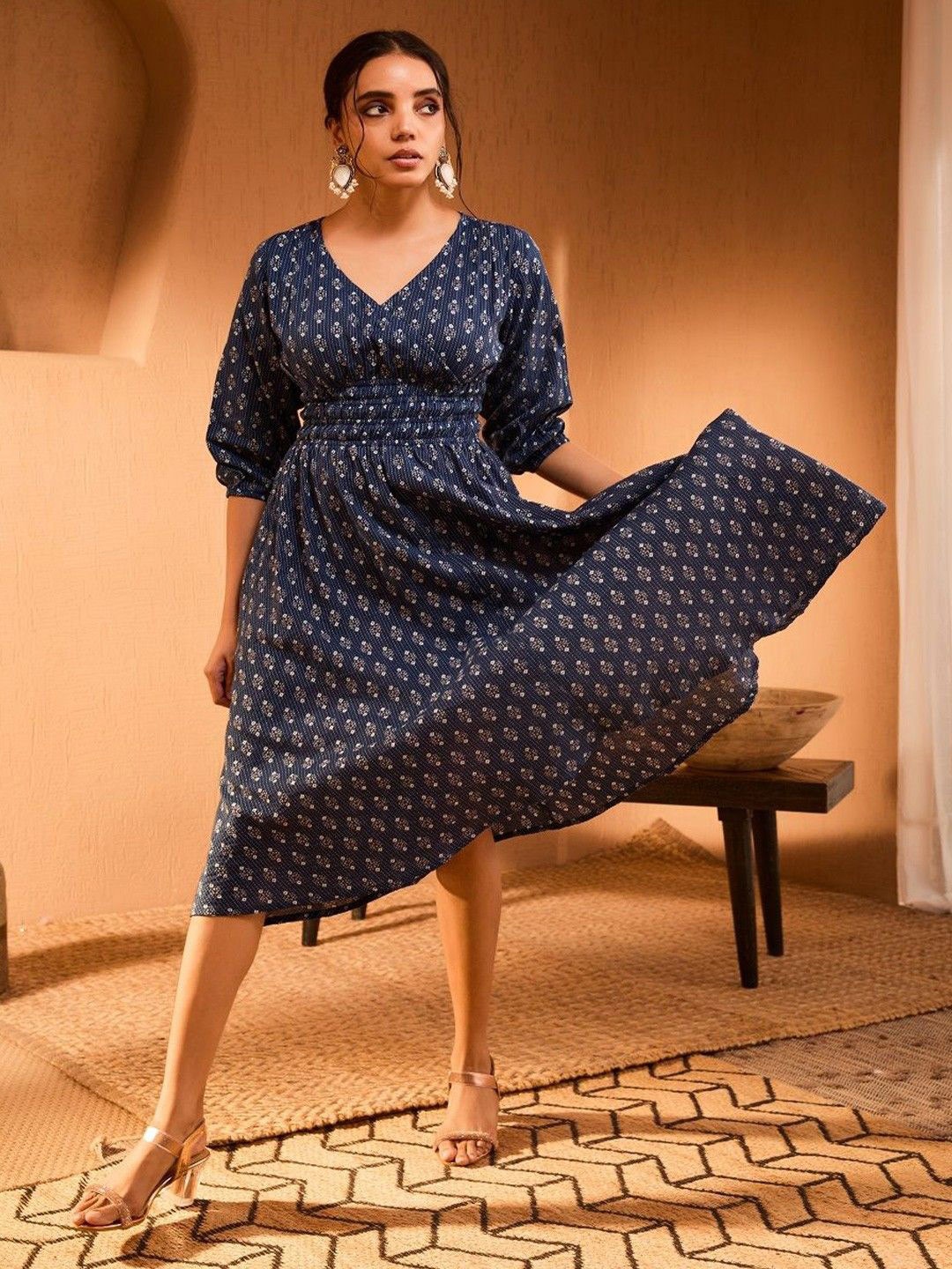 

Femvy Women Floral Print Applique Crepe Fit & Flare Maxi Dress, Navy blue