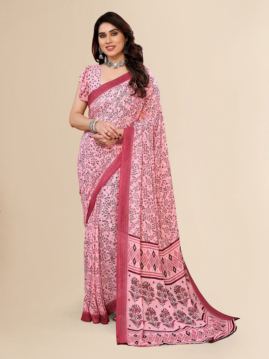 

Moda Rapido Women Floral Printed Saree with Unstitched Blouse Perfect for Any Occasion, Pink
