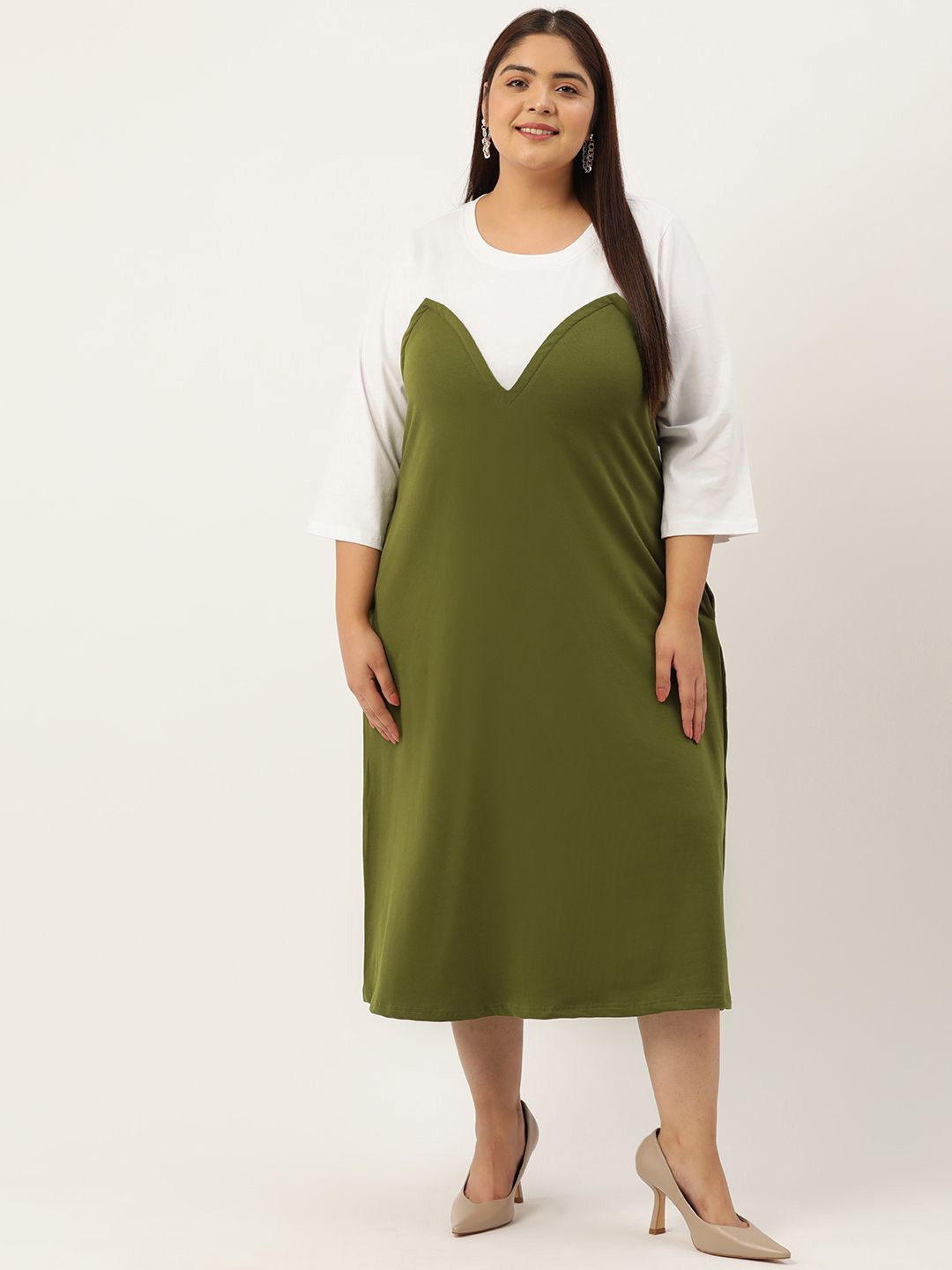 

theRebelinme Women Plus Size Colourblocked A-Line Midi Dress, Green