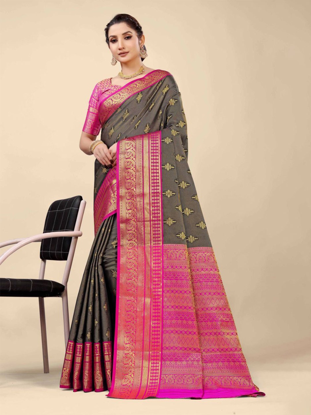

ZIBLON Woven Design Pure Silk Kanjeevaram Saree, Black