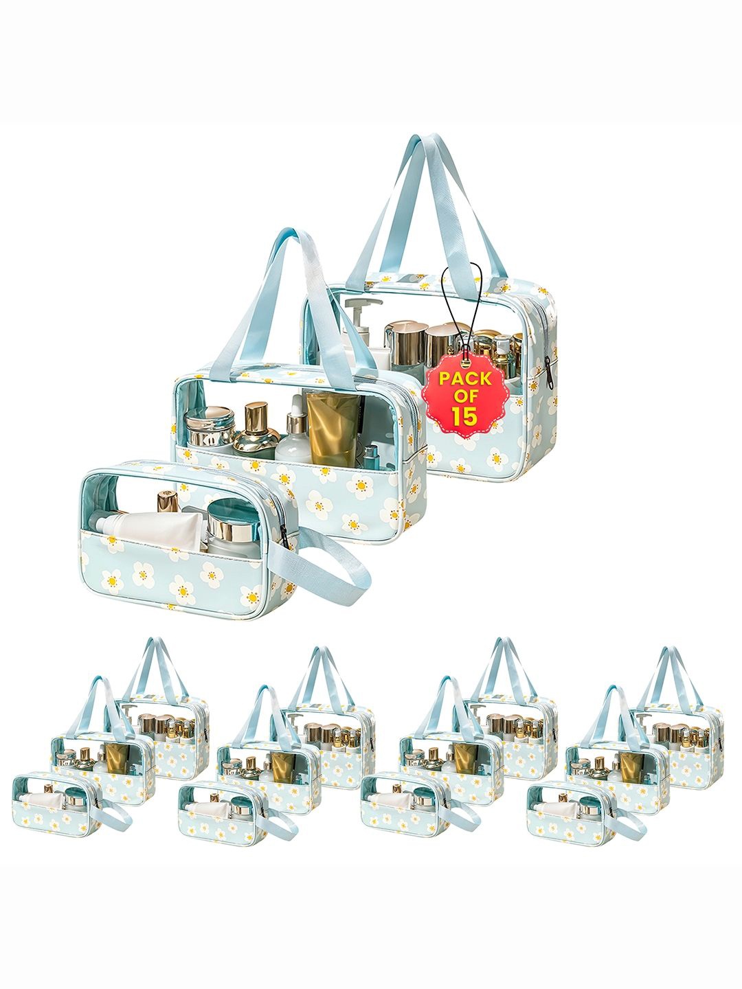 

Kuber Industries Set Of 15 Blue Flower Printed Travel Toiletry Pouch