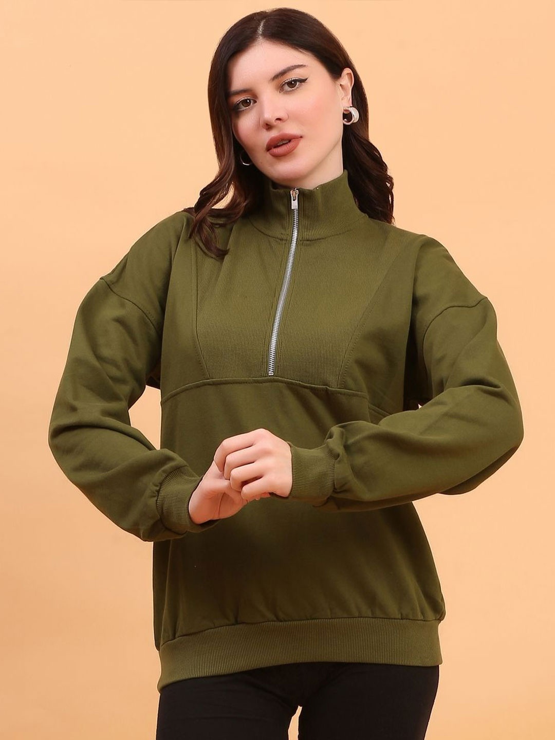 

ECO LEAS BY SHIPRA Women High Neck Pullover Sweatshirt, Olive