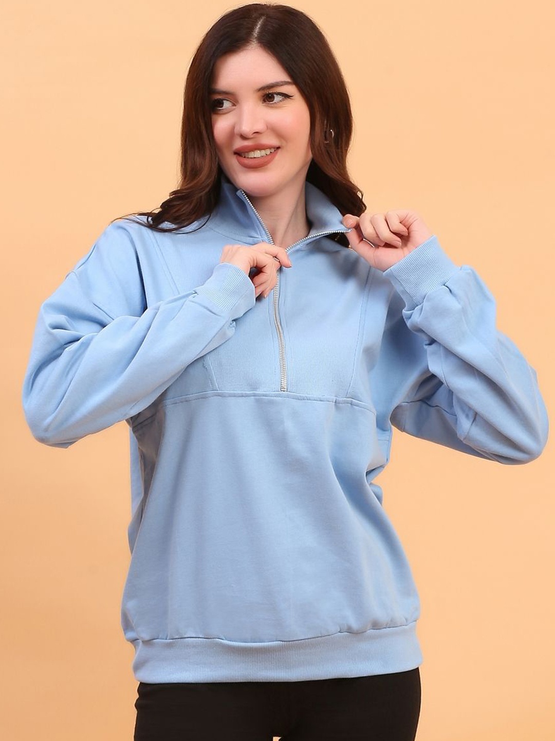 

ECO LEAS BY SHIPRA Women Mock Collar Sweatshirt, Blue
