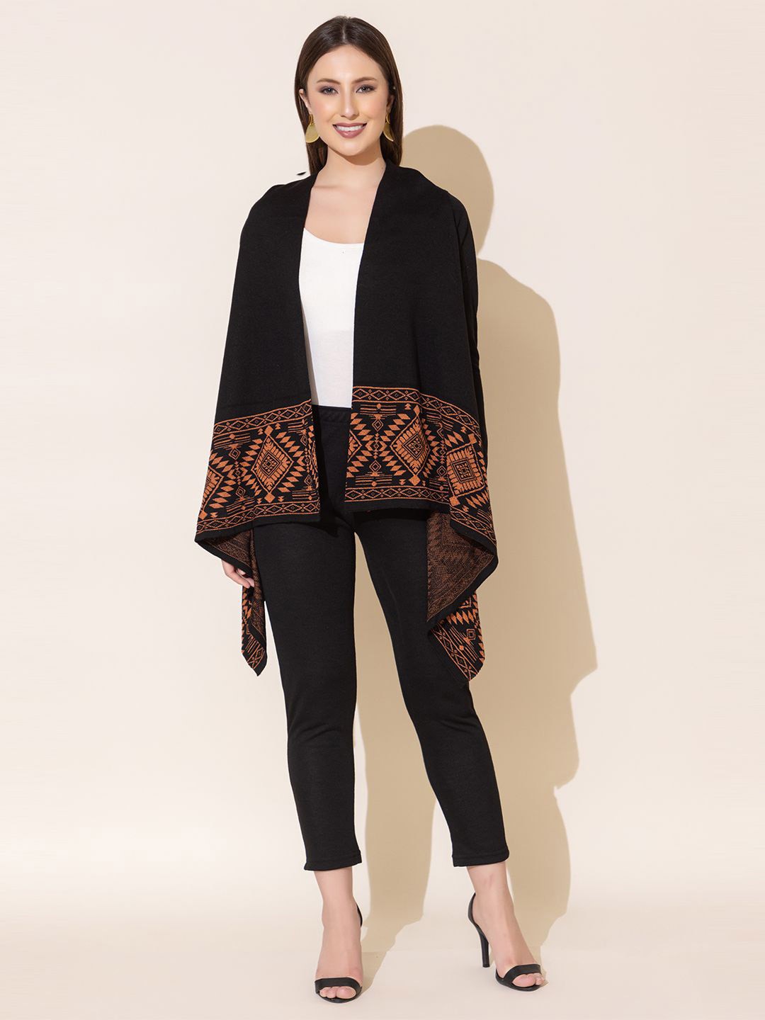 

KEIKO Self Design Open Front Shrug, Black