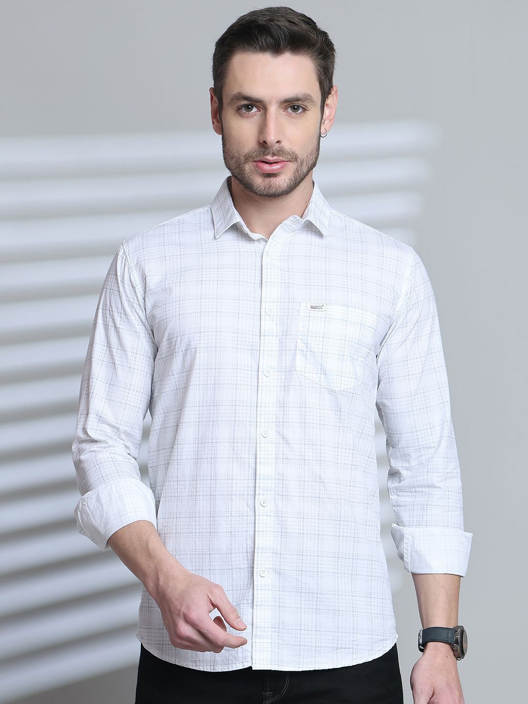 

Majestic Man Comfort Slim Fit Spread Collar Tartan Checked Cotton Casual Shirt, White