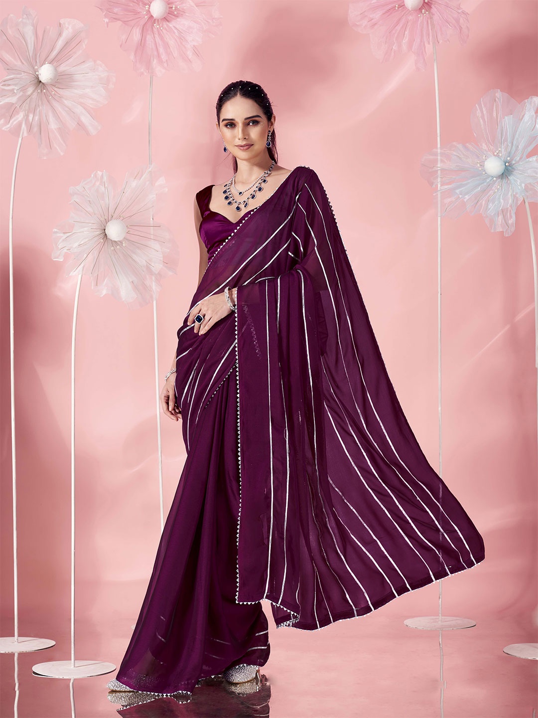 

Tikhi Imli Striped Printed Patchwork Saree, Magenta