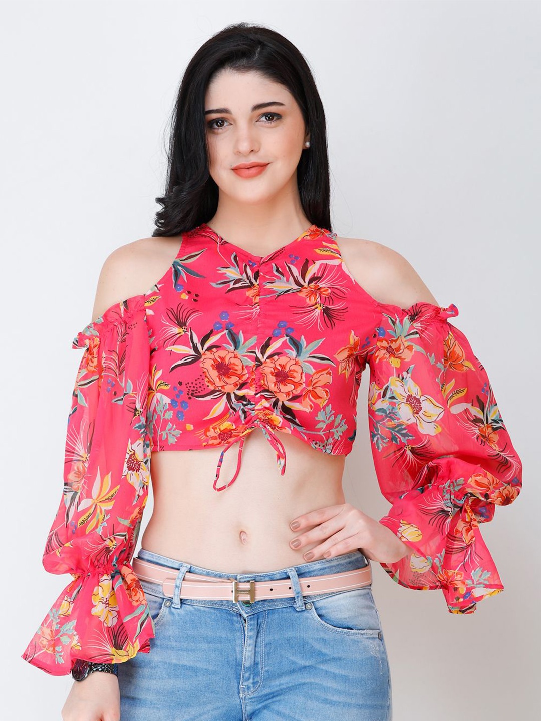 

BAESD Women Floral Printed Cold-Shoulder Crop Top, Pink
