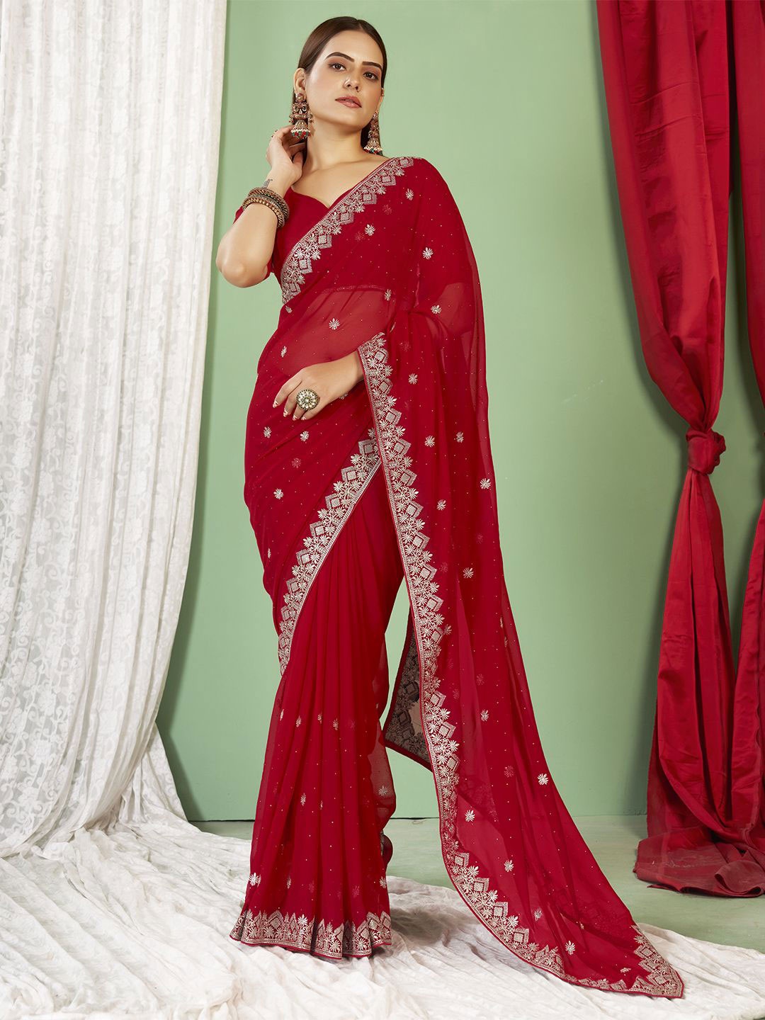 

Panzora Embroidered Embellished Beads and Stones Saree, Red