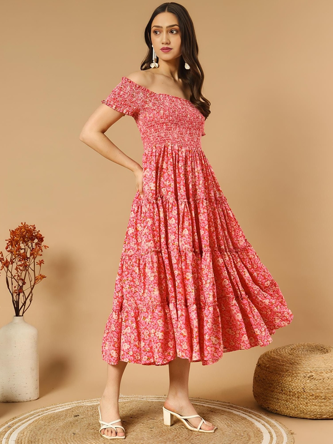

Femvy Floral Print Off-Shoulder Applique Crepe Fit & Flare Maxi Dress, Peach