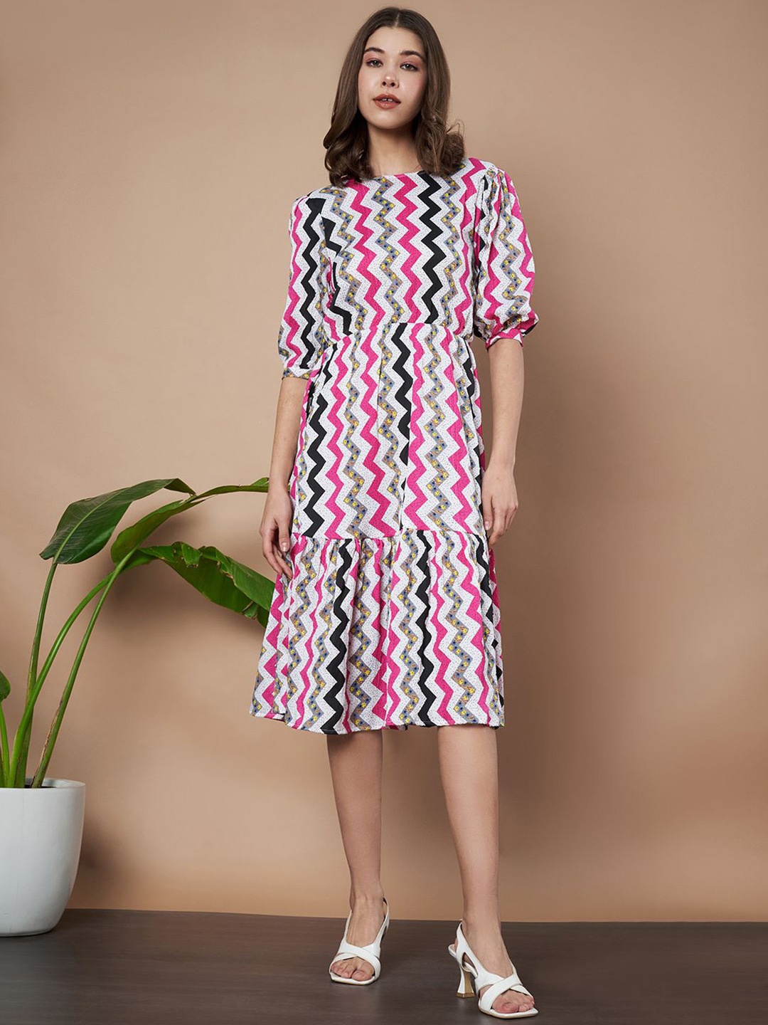 

Womenster Printed Fit & Flare Dress, Pink