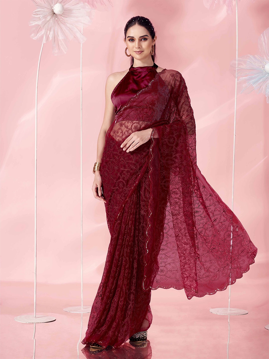 

Tikhi Imli Leheriya Embroidered Net Heavy Work Saree, Maroon